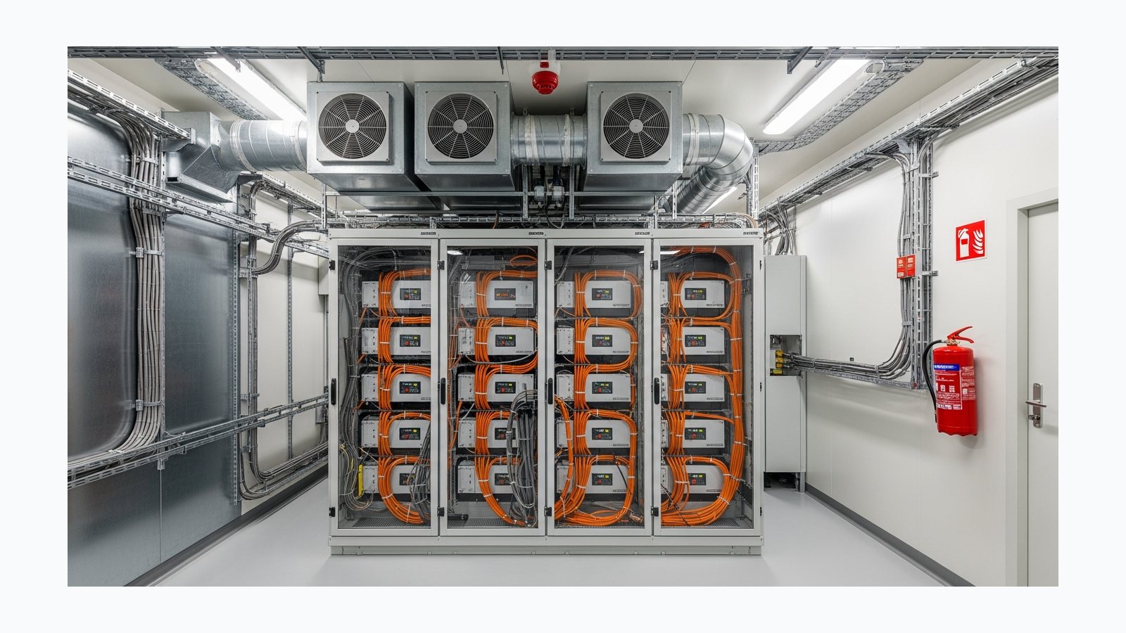 Пожежна безпека АКБ: LiFePO4, вентиляція і розміщення - фотореалістична ілюстрація SolarProm