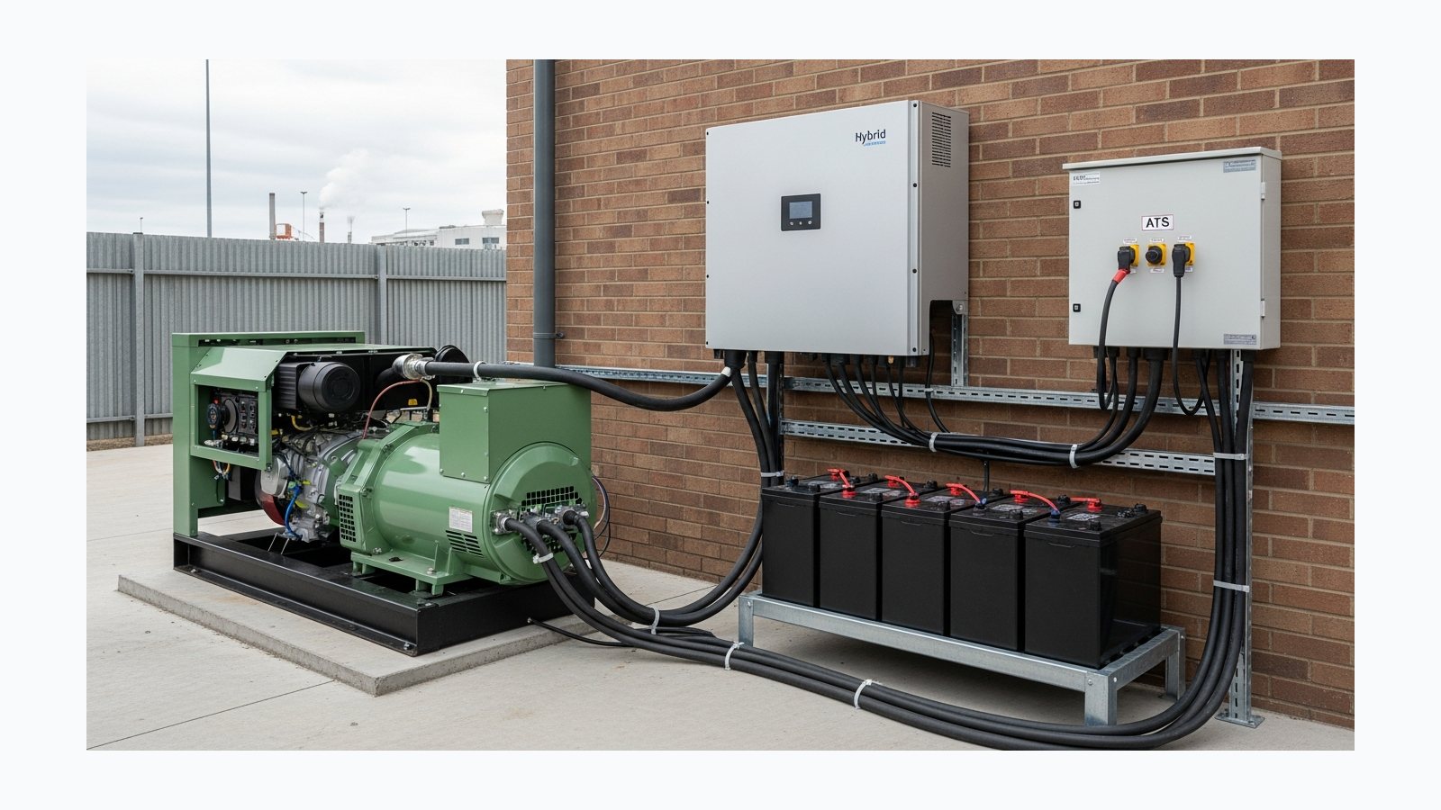 Генератор + інвертор + АКБ: правильна схема резерву - фотореалістична ілюстрація SolarProm