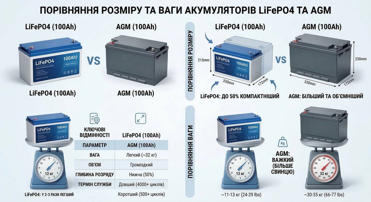 Порівняння розміру та ваги акумуляторів LiFePO4 та AGM
