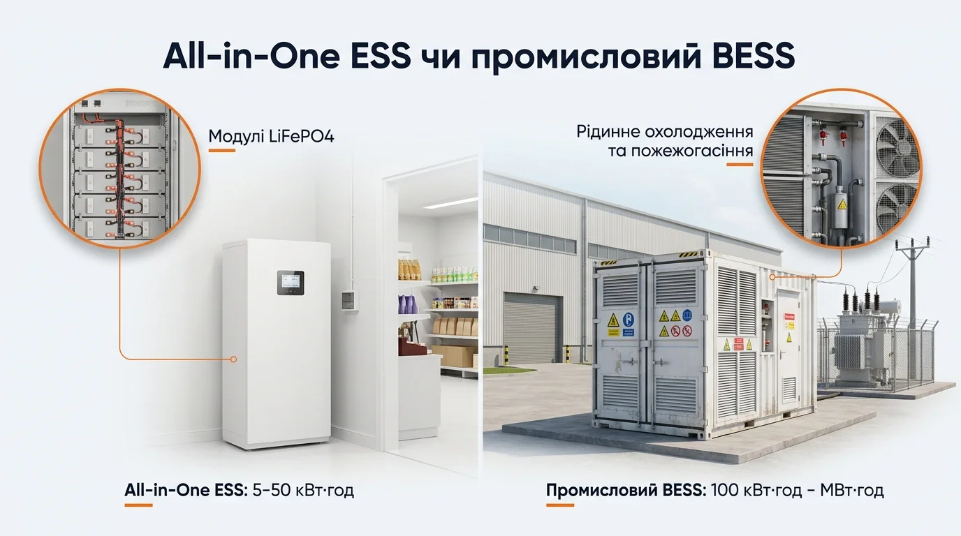 Порівняння: шафа All-in-One ESS у підсобці магазину та промисловий BESS-контейнер біля складу