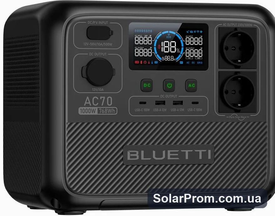 Портативна зарядна станція Bluetti AC70 (1000 Вт, 768 Вт·год, LiFePO4) — фото товару в каталозі SolarProm