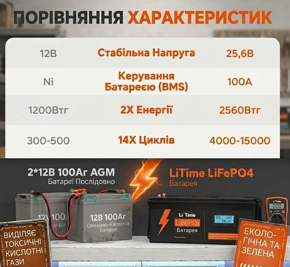 Акумулятор LiTime LiFePO4 24V 100Ah (BMS 100A, 2560 Вт·год) - схема роботи, фото 3