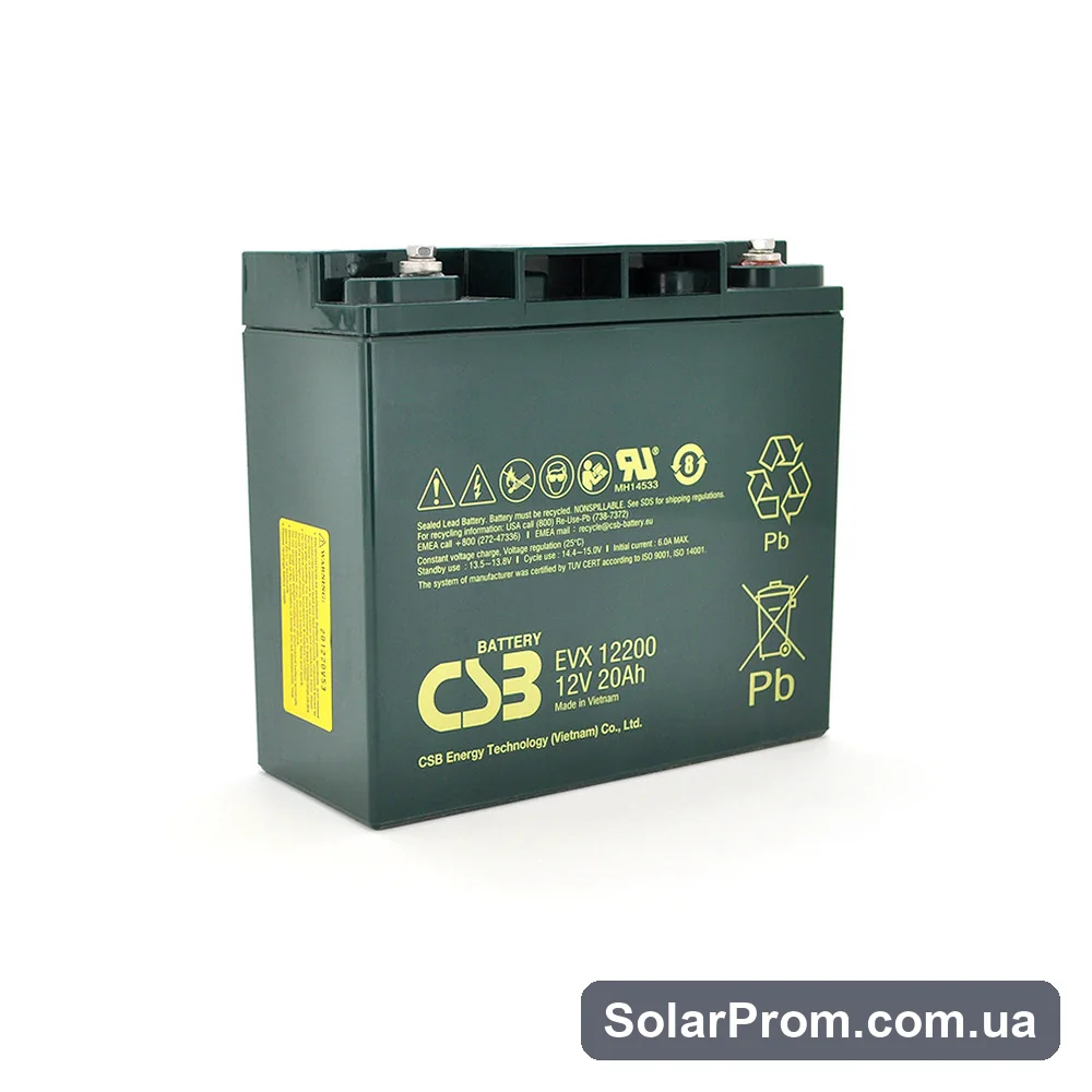 Аккумуляторная батарея CSB EVX12200, 12V 20Ah (181х77х167 мм), Q4 / 192 в каталоге SolarProm