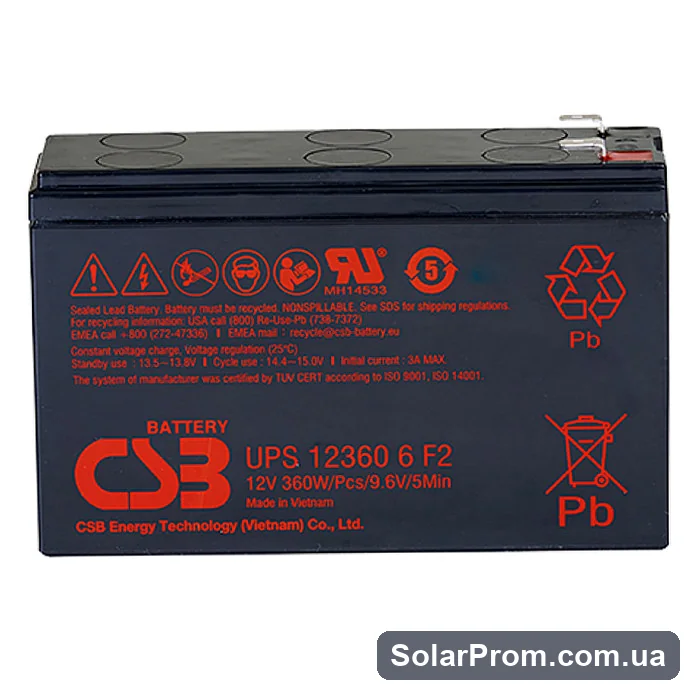 Аккумуляторная батарея CSB UPS123606F2 / F1, 12V 6Ah (151х51х94мм), 2.03 kg Q12 в каталоге SolarProm