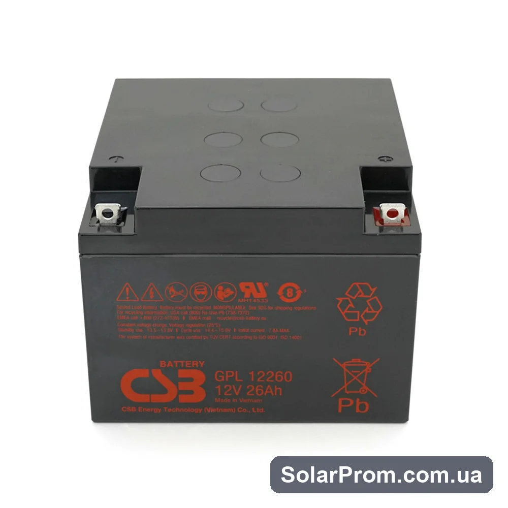 Аккумуляторная батарея CSB GPL12260, 12V 26Ah (166х175х125 мм), Q2 / 72 (ВЬЕТНАМ) - фото 2, SolarProm
