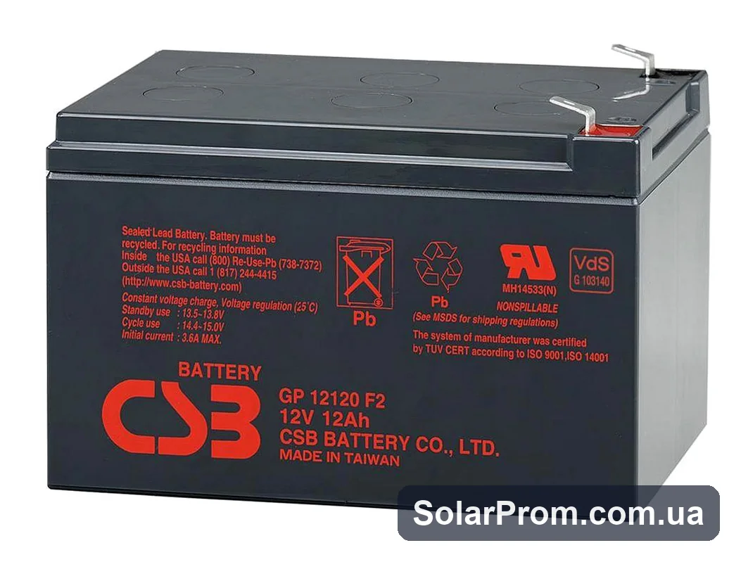 Аккумуляторная батарея CSB GP12120F2, 12V 12Ah (151х98х100мм), Box / Q6 в каталоге SolarProm