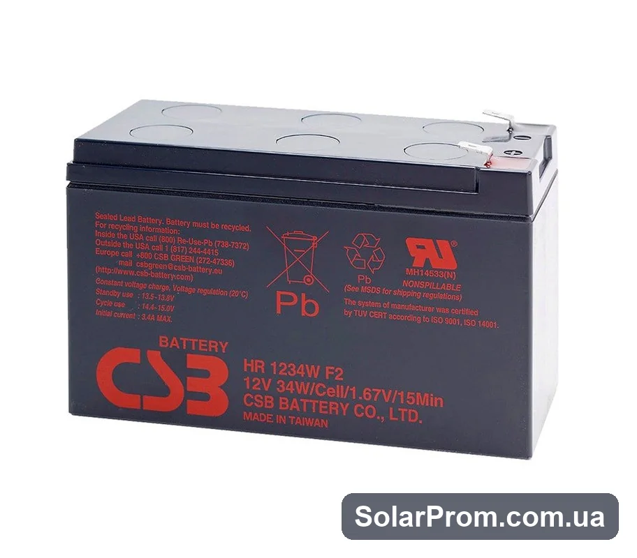 Аккумуляторная батарея CSB HR1234WF2, 12V 9Ah (151х65х101мм) Q10 / 420 в каталоге SolarProm