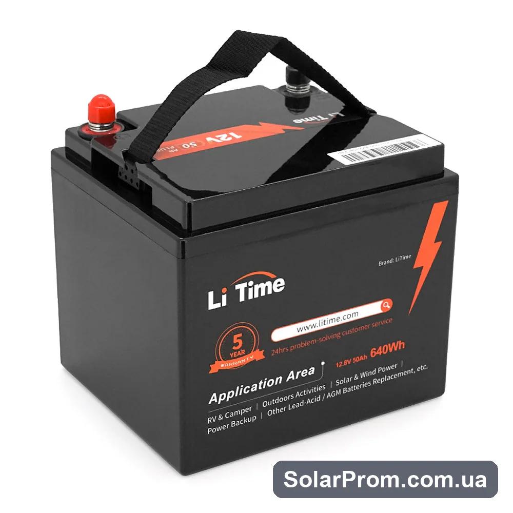 Аккумуляторная батарея Li-TIME LiFePO4 12,8V 50Ah 640Wh(100 / 100A), BASIC, заряд 14,4В / 10А, до 6000 циклов, (198 x 166 x 170мм), 5,24kg, Q1 - фото 2, SolarProm