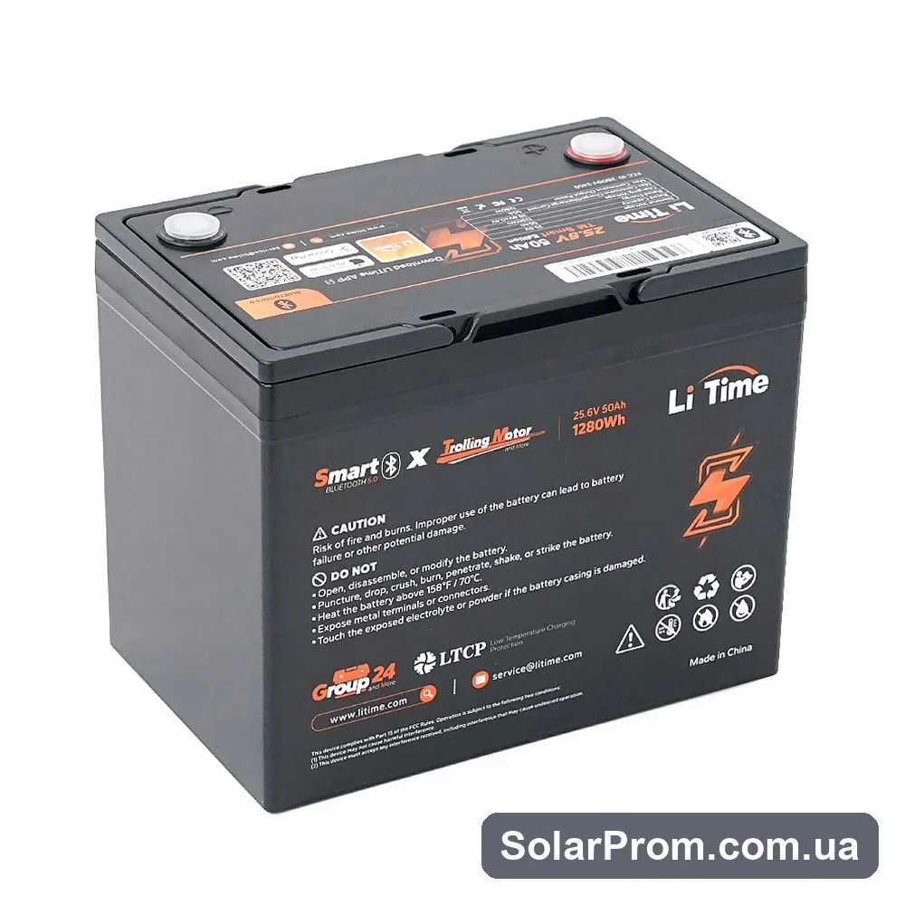 Аккумуляторная батарея LiFePO4 Li-TIME 25.6V 50Ач 1280Wh Bluetooth 5.0, 6000Cycles, BMS50A, ≤40mΩ, IP65, L206*B168*H211 mm - фото 2, SolarProm