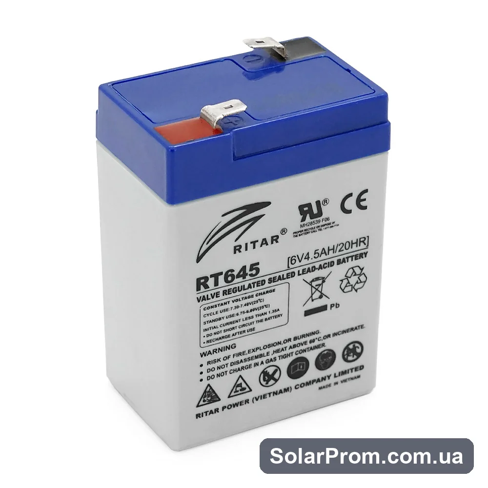 Аккумуляторная батарея AGM RITAR RT645, Gray Case, 6V 4.5Ah ( 70х47х99 (105) ) Q40 в каталоге SolarProm