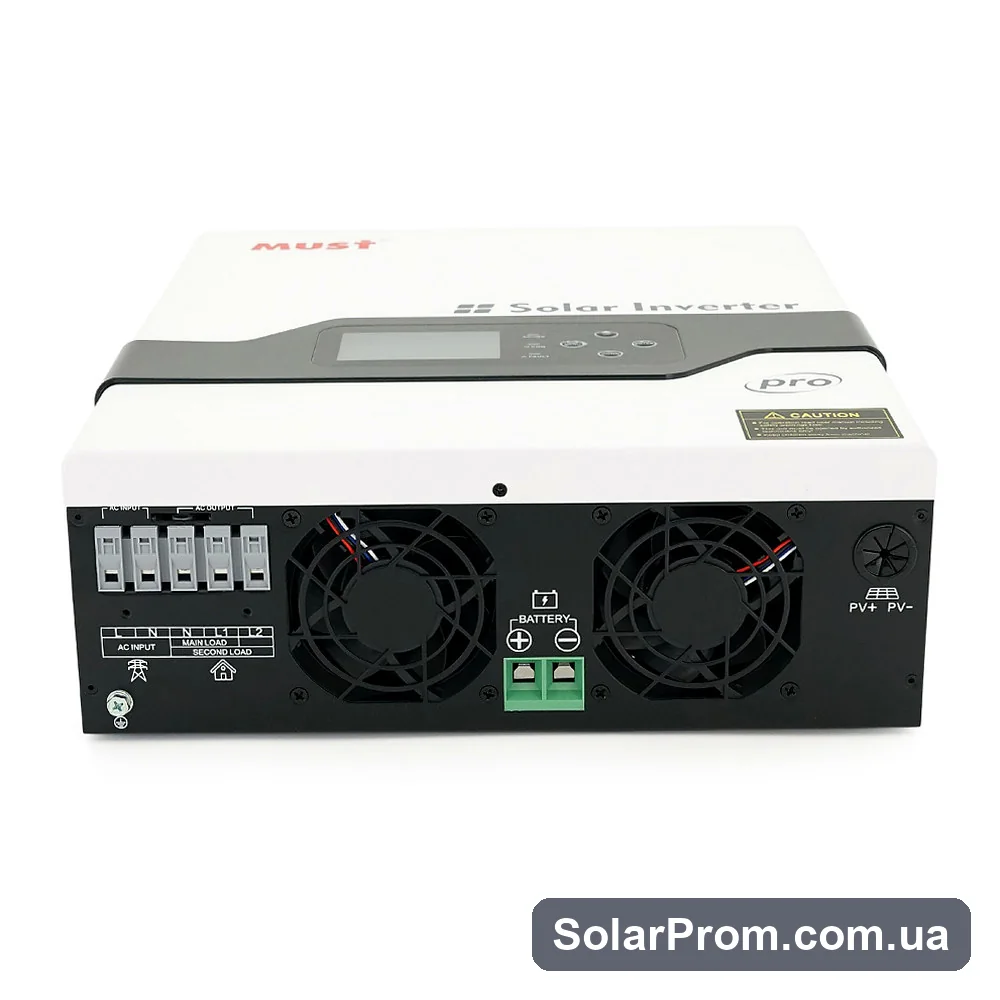 Гібридний інвертор MUST PV18-2012PRO, 2000 Вт / 1600 Вт, 12 В, струм заряду 80 А, Wi-Fi, RS485 / CAN, 170-280 В, MPPT (80 А, 30-320 В постійного струму), 318 × 369 × 121 мм. 6,2 кг. - фото 3, SolarProm