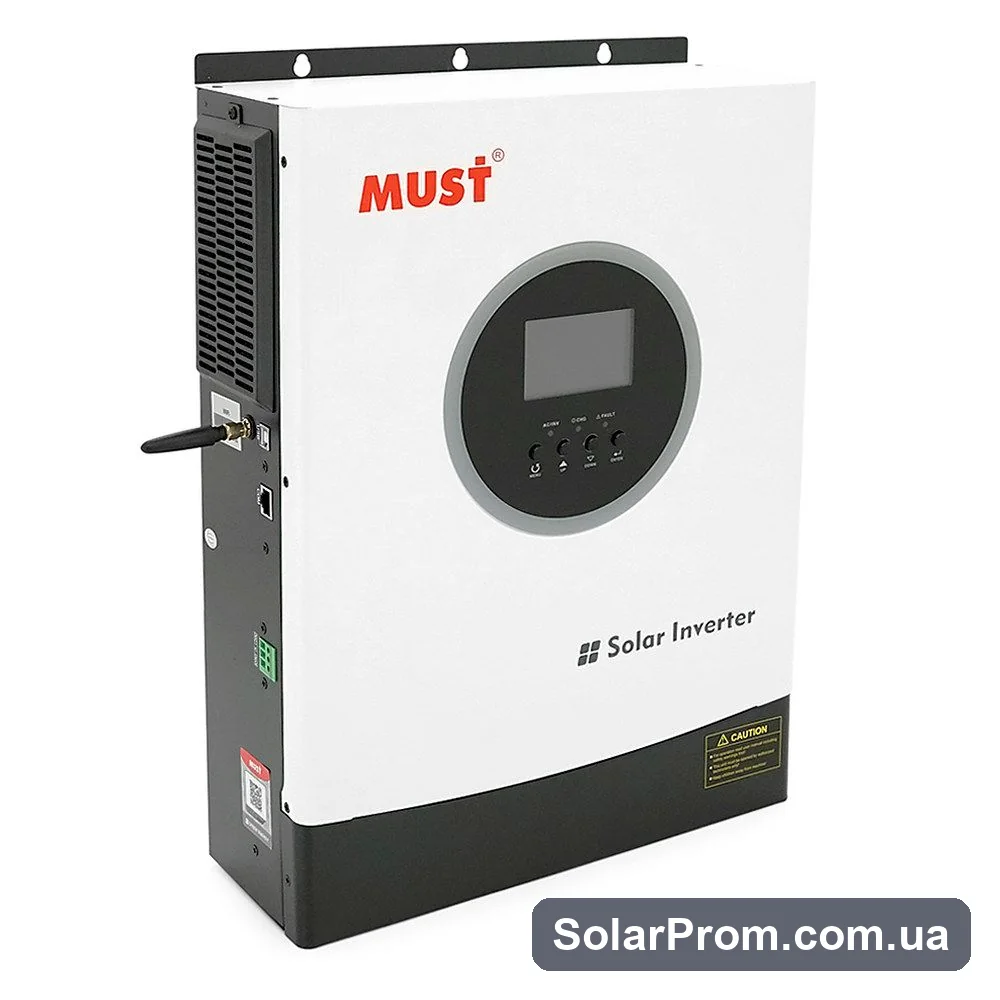 Гібридний інвертор MUST PV18-3624PREM, 3600W, 24 В, струм заряду AC 60 А / PV 100 А, 170-280 В, Wi-Fi, USB, RS485, CAN, MPPT (100 А, 60-360 В постійного струму), 318×454×122 мм, 7,8 кг. в каталозі SolarProm