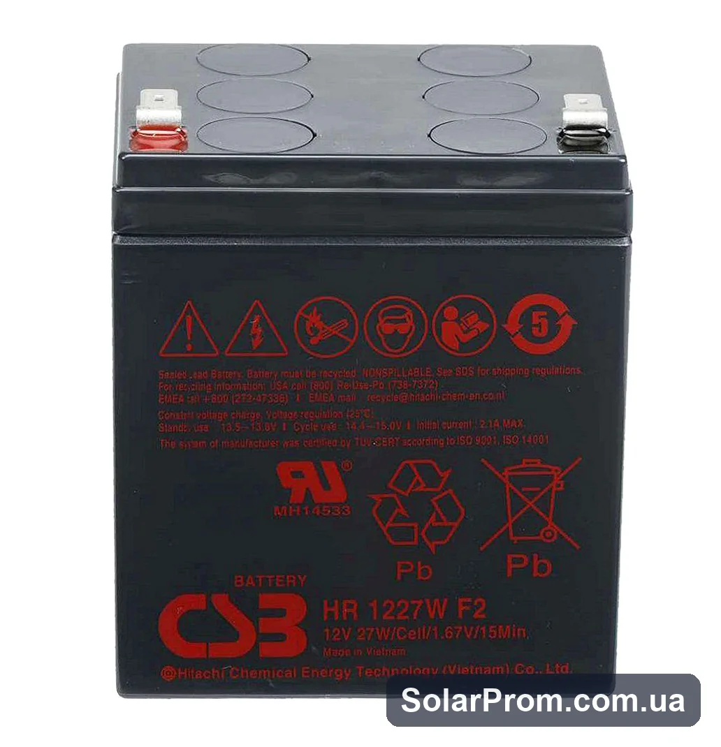 Аккумуляторная батарея CSB HR1227WF2, 12V 6,5Ah (90х70х106мм), 1.97 kg Q10 в каталоге SolarProm