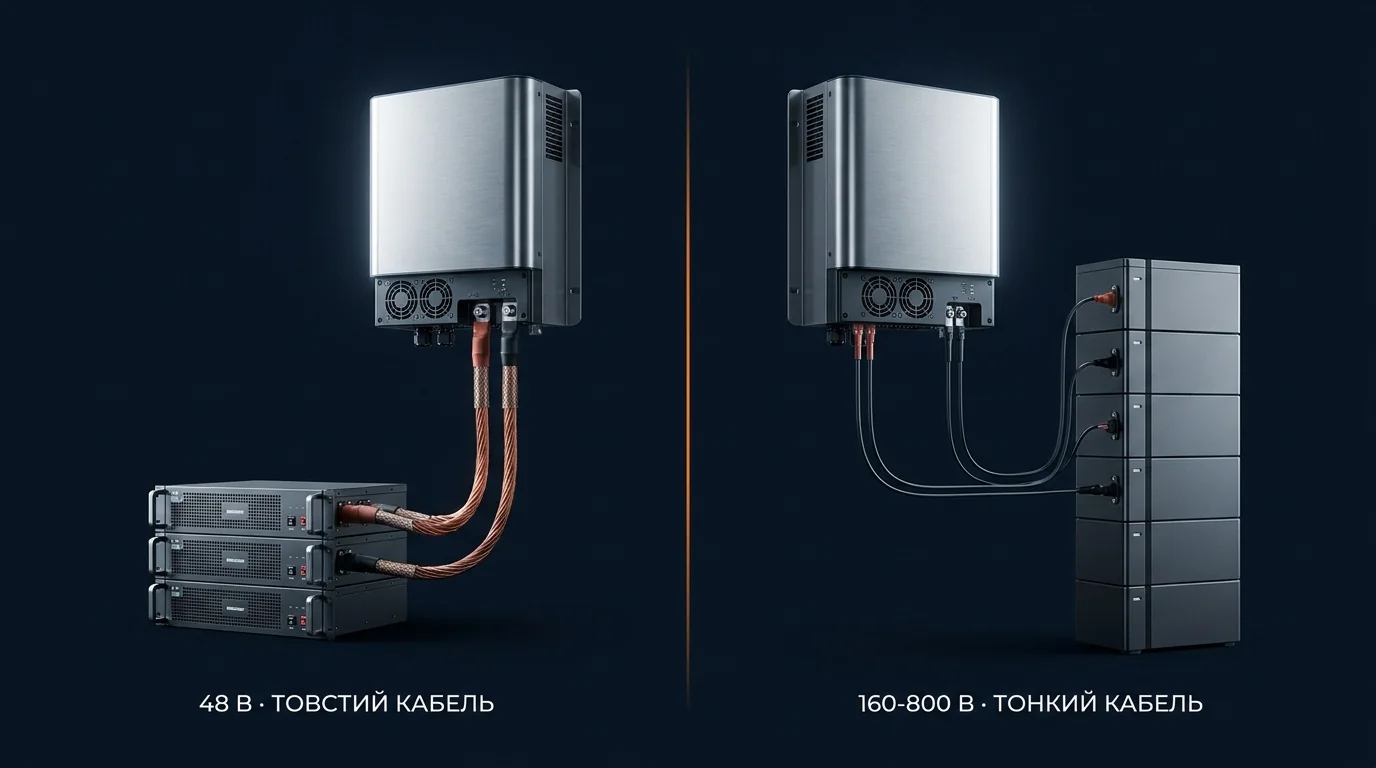 Сравнение: инвертор Deye с батареей 48 В и толстым кабелем против высоковольтной батареи 160-800 В с тонким кабелем