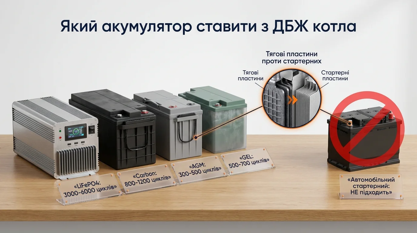 Порівняння акумуляторів для ДБЖ котла: LiFePO4 3000-6000 циклів, Carbon 800-1200, AGM 300-500, GEL 500-700; автомобільний стартерний не підходить