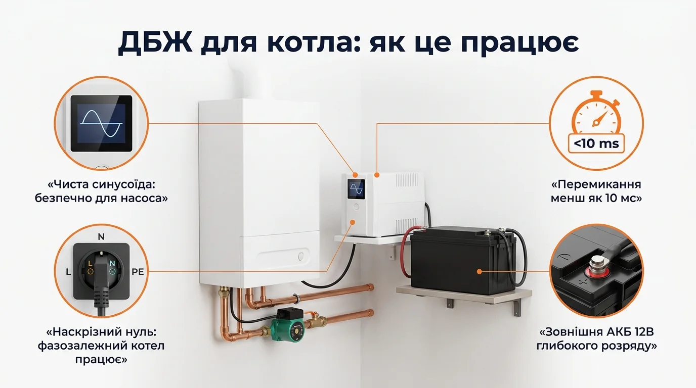 Схема: газовий котел з циркуляційним насосом, лінійно-інтерактивний ДБЖ і зовнішня АКБ 12В — чиста синусоїда, наскрізний нуль, перемикання менш як 10 мс