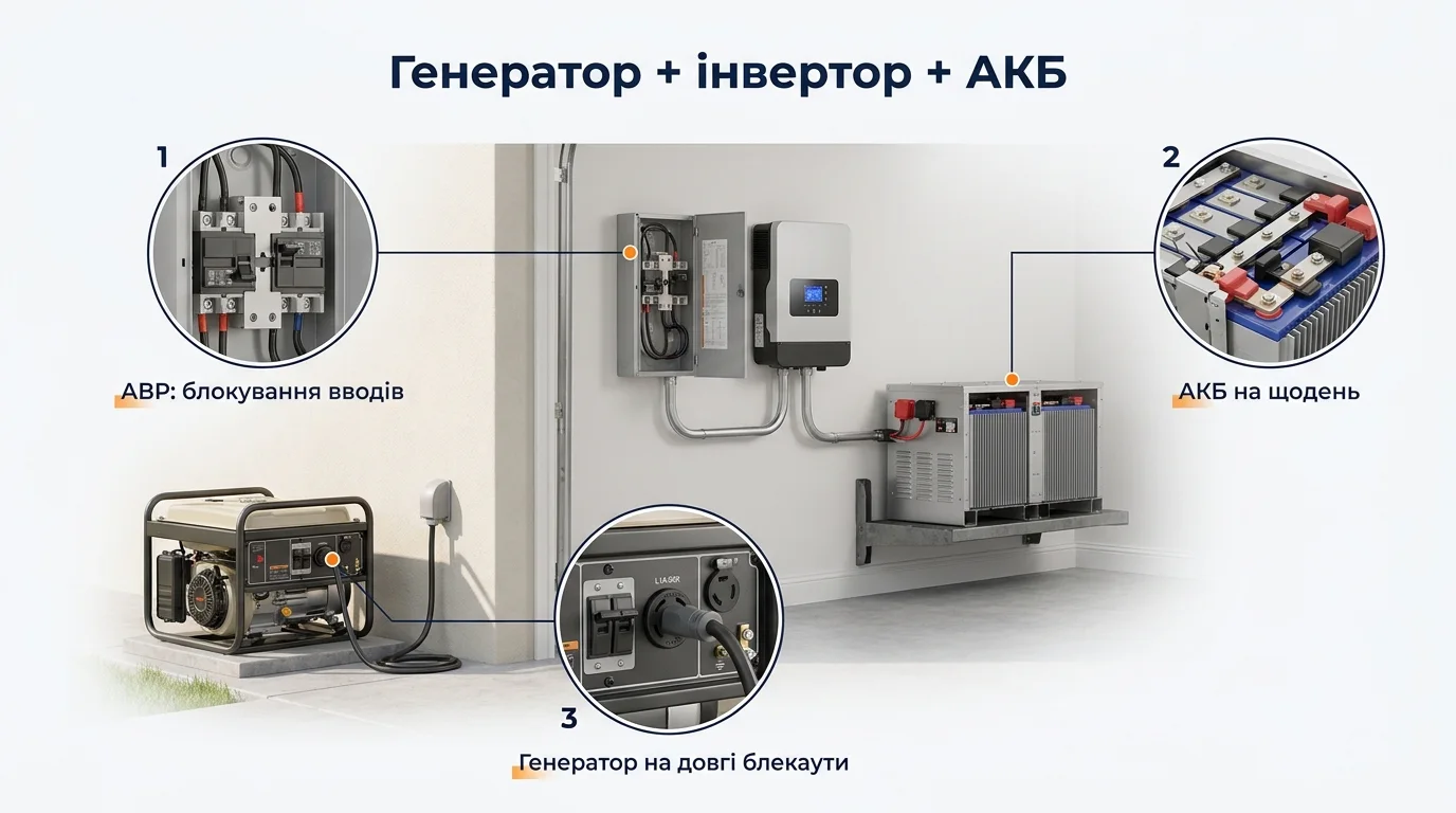Інфографіка: Генератор + інвертор + АКБ: правильна схема резерву