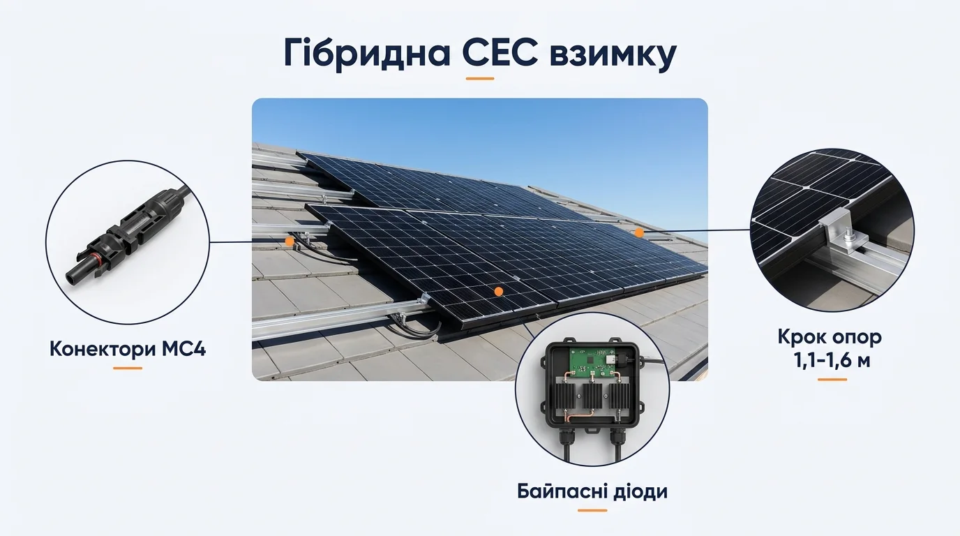 Інфографіка: Гібридна СЕС взимку: скільки енергії реально дають панелі