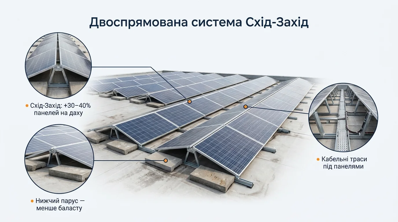 Двунаправленная система восток-запад: плотные «шатры» панелей, +30–40% мощности на той же площади