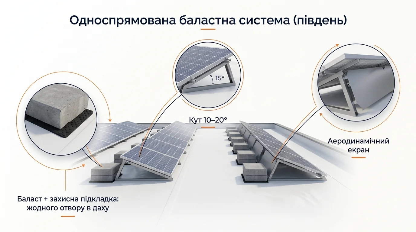 Однонаправленная балластная система: все панели на юг под 10–20°, бетонный балласт на подкладках