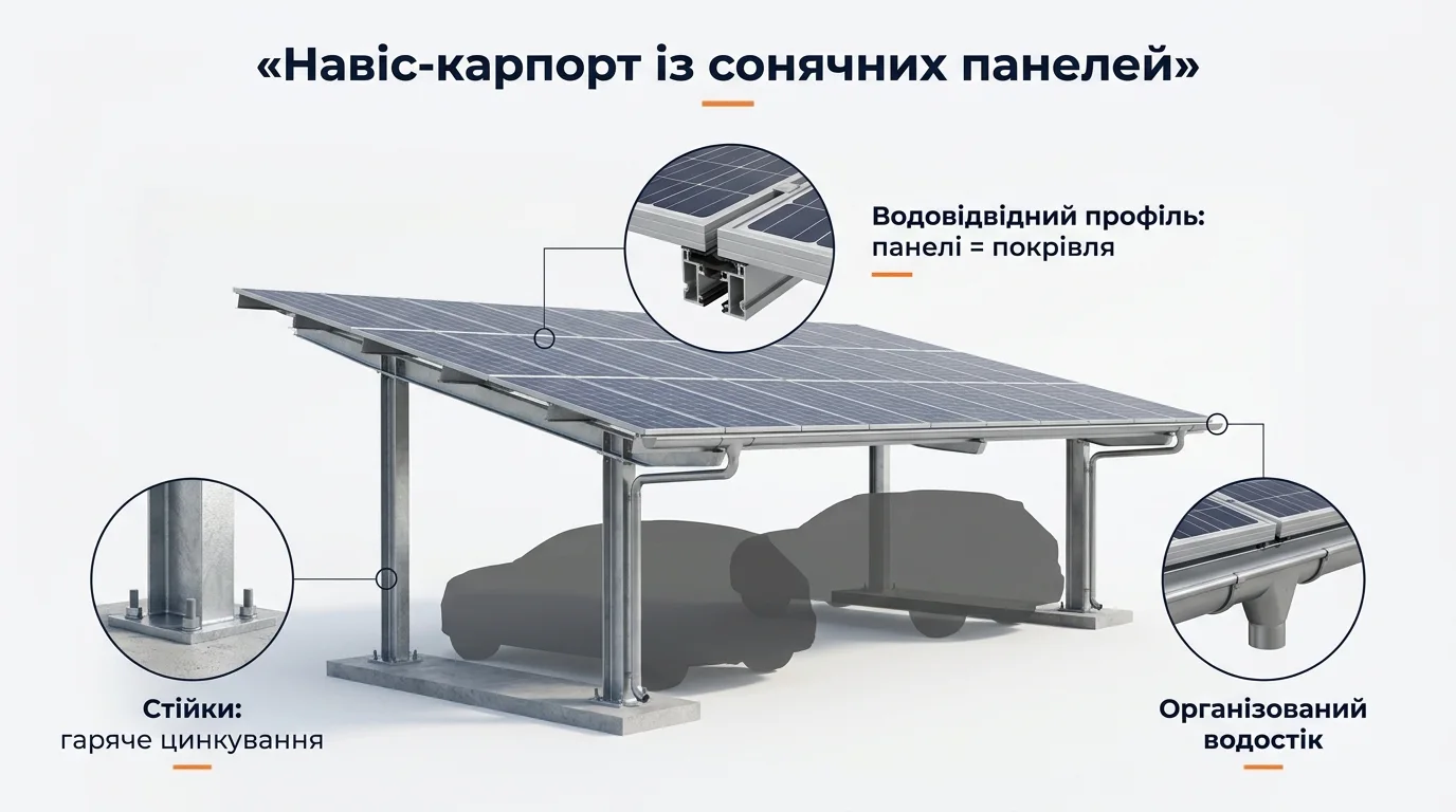 Фото-инфографика: солнечный навес-карпорт — оцинкованные стойки, водоотводные профили, организованный водосток