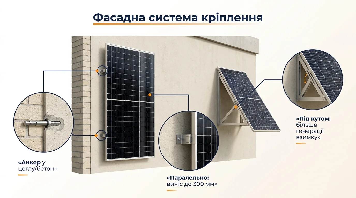 Фото-инфографика: фасадное крепление панелей — параллельно стене с выносом до 300 мм или под углом, анкеры в кирпич
