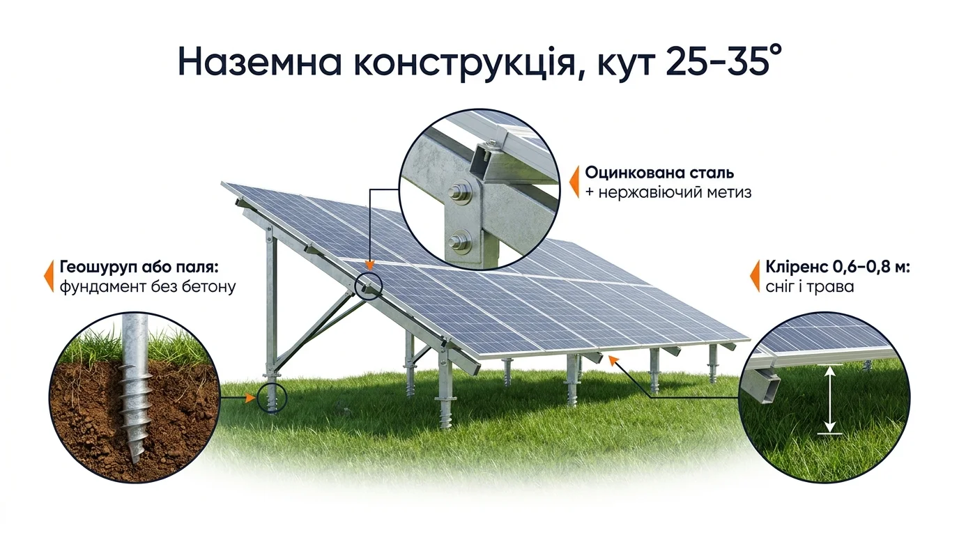 Фото-инфографика: наземная конструкция на геошурупах — оцинкованная сталь, угол 25–35°, клиренс 0,6–0,8 м