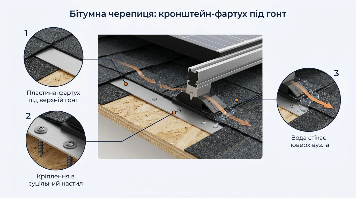 Фото-инфографика узла крепления на битумной черепице: пластина-фартук под верхний гонт, крепление в сплошной настил OSB, вода стекает поверх узла