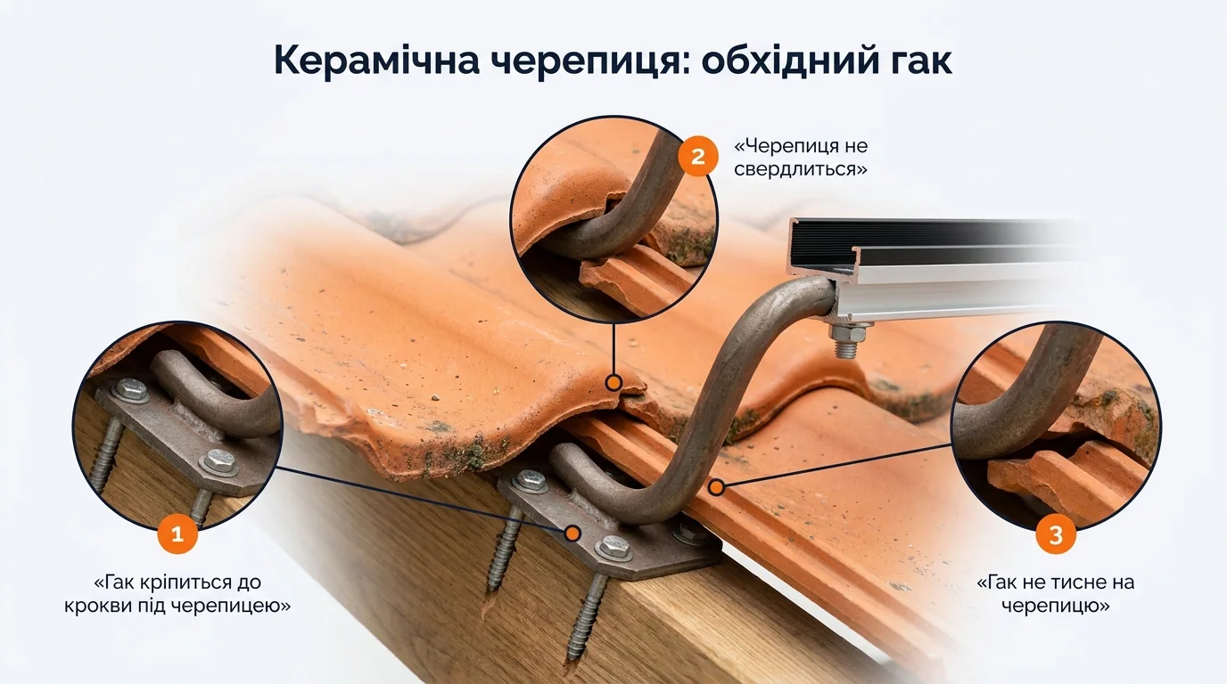 Фото-инфографика узла крепления на керамической черепице: кованый обходной крюк к стропилу под черепицей, черепица не сверлится и не нагружается