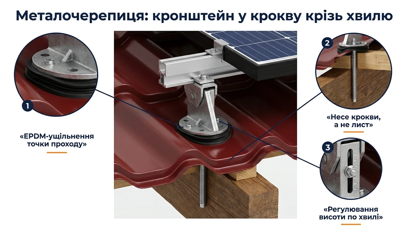 Фото-инфографика узла крепления на металлочерепице: регулируемый кронштейн в стропило сквозь волну, EPDM-уплотнение, регулировка высоты