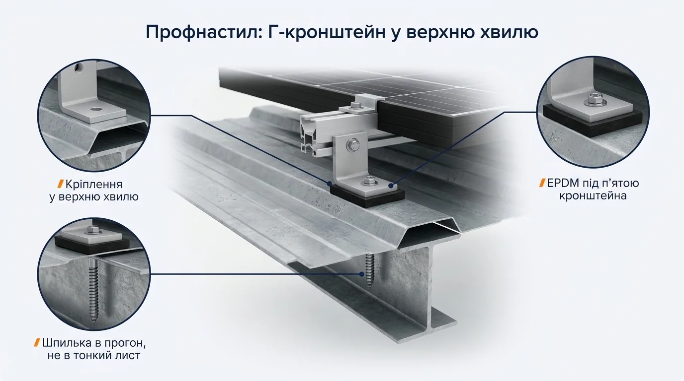 Фото-инфографика узла крепления на профнастиле: Г-кронштейн в верхнюю волну, шпилька в металлический прогон, EPDM под пятой