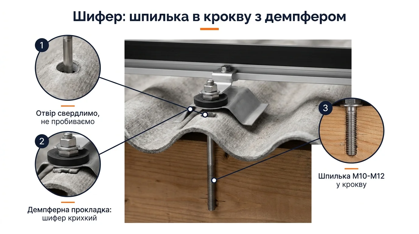 Фото-инфографика узла крепления на шифере: шпилька M10-M12 в стропило через просверленное отверстие, демпферная резиновая прокладка и фартук
