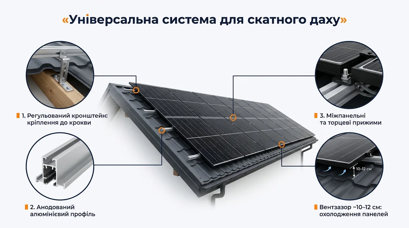 Фото-инфографика: универсальная система крепления на скатной крыше — кронштейн в стропило, алюминиевый профиль, прижимы, вентзазор 10–12 см