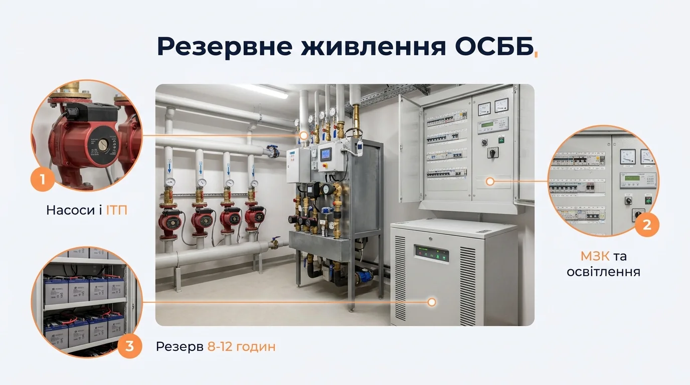 Інфографіка: Резервне живлення ОСББ: що підключати першочергово