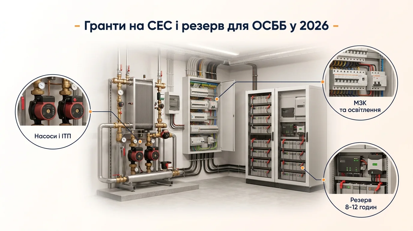 Інфографіка: Гранти на СЕС і резерв для ОСББ у 2026: покрокова підготовка