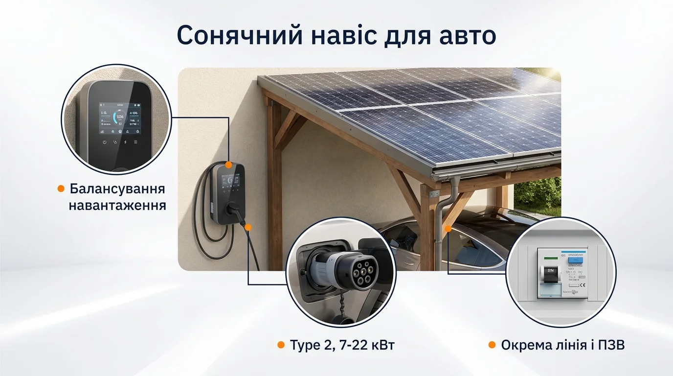 Инфографика: Солнечный навес для авто: зарядка электромобиля от СЭС