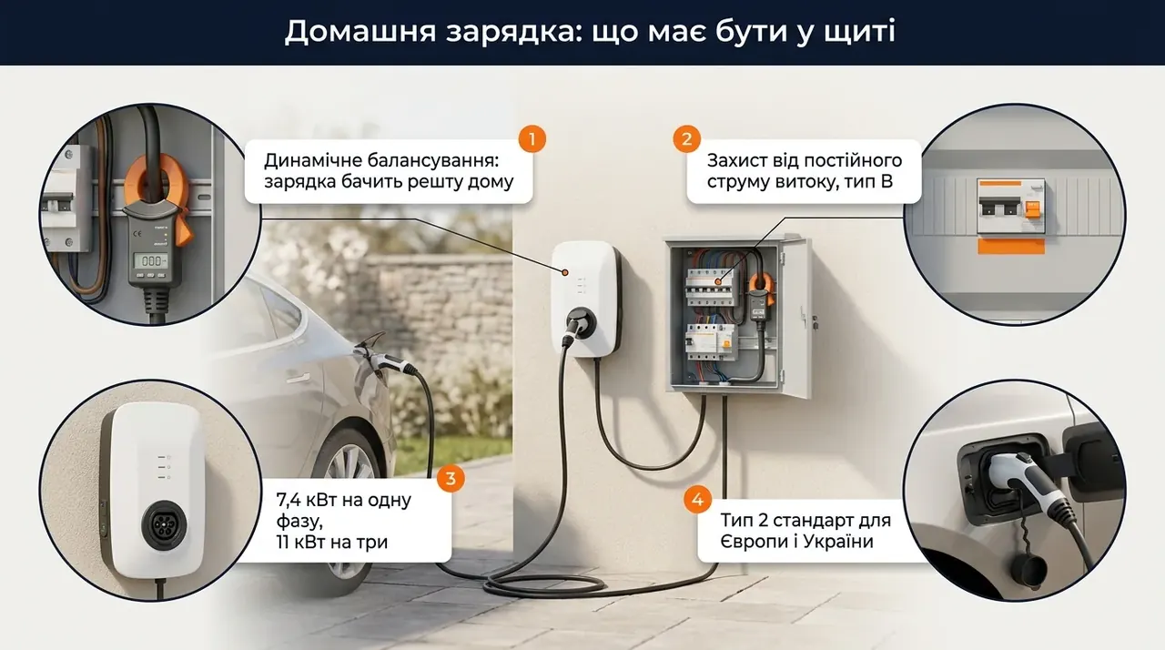Схема підключення домашньої зарядної станції: автомат, захист від постійного струму витоку, датчик балансування
