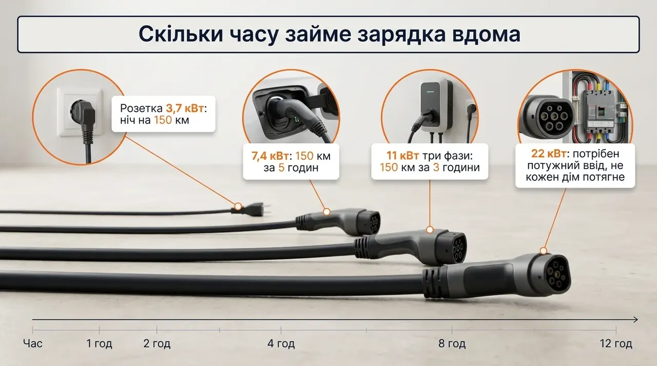 Порівняння часу зарядки електромобіля при 3,7, 7,4, 11 і 22 кВт