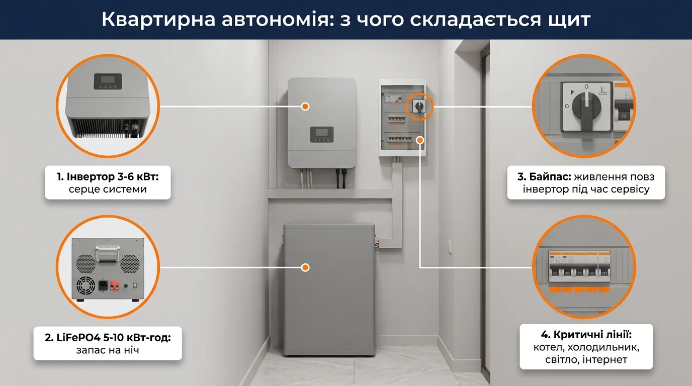 Схема квартирної автономії: гібридний інвертор, LiFePO4 батарея, байпасний щит і критичні лінії