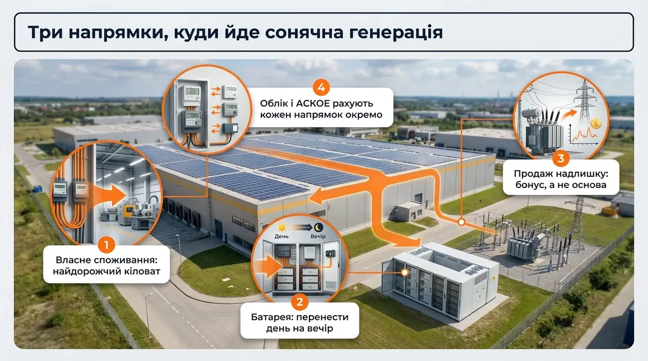 Три напрямки, куди йде сонячна генерація: власне споживання, батарея, продаж у мережу