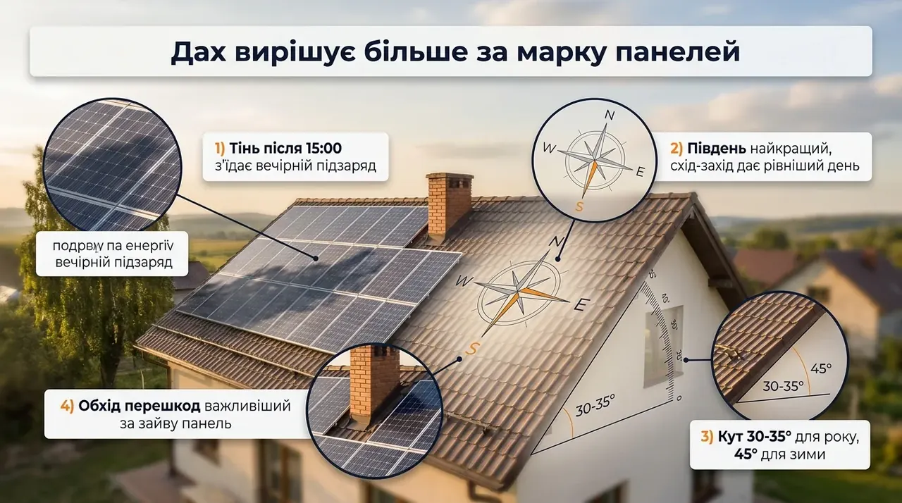 Дах для сонячної станції: тіні після 15:00, кут нахилу, орієнтація за сторонами світу