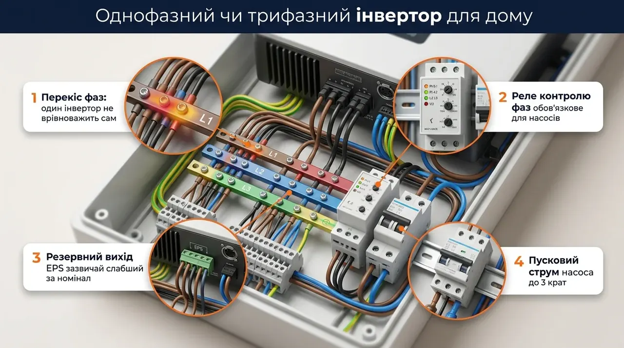 Трифазний щит із гібридним інвертором, реле контролю фаз і перекосом навантаження
