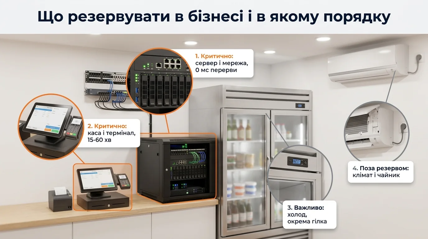 Черговість резервування навантажень на комерційному об'єкті: сервер, каса, холод, клімат