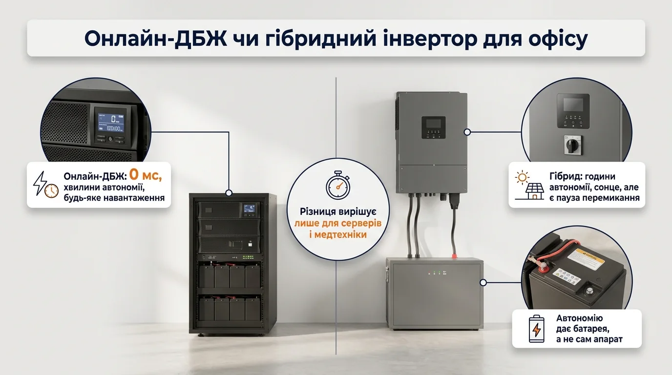 Порівняння онлайн-ДБЖ і гібридного інвертора для комерційного об'єкта