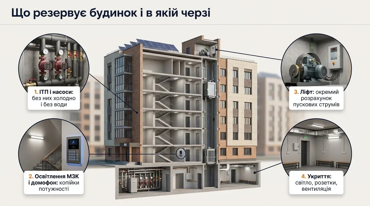 Схема багатоквартирного будинку: що резервує ОСББ — ІТП, насоси, ліфт, освітлення МЗК, домофон, укриття