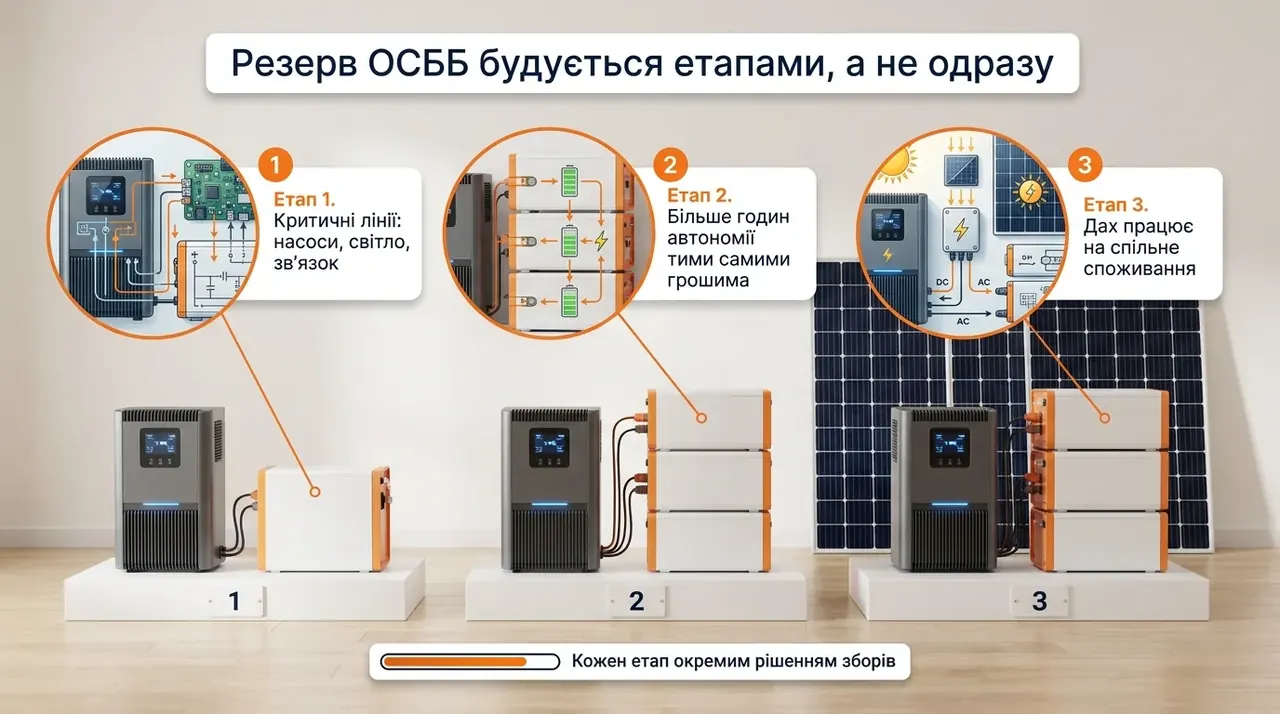 Три етапи побудови резервного живлення ОСББ: критичні лінії, збільшення батареї, сонячні панелі