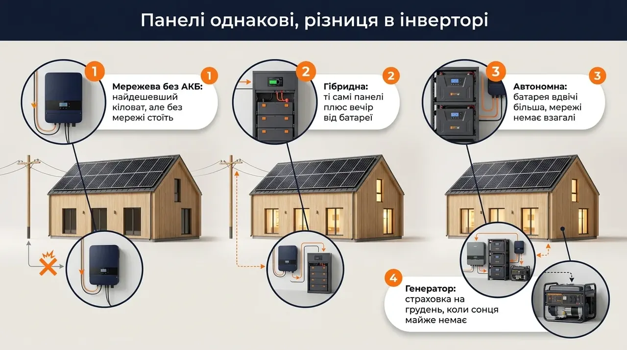 Три однакові будинки з однаковими сонячними панелями і трьома різними схемами: мережева, гібридна, автономна