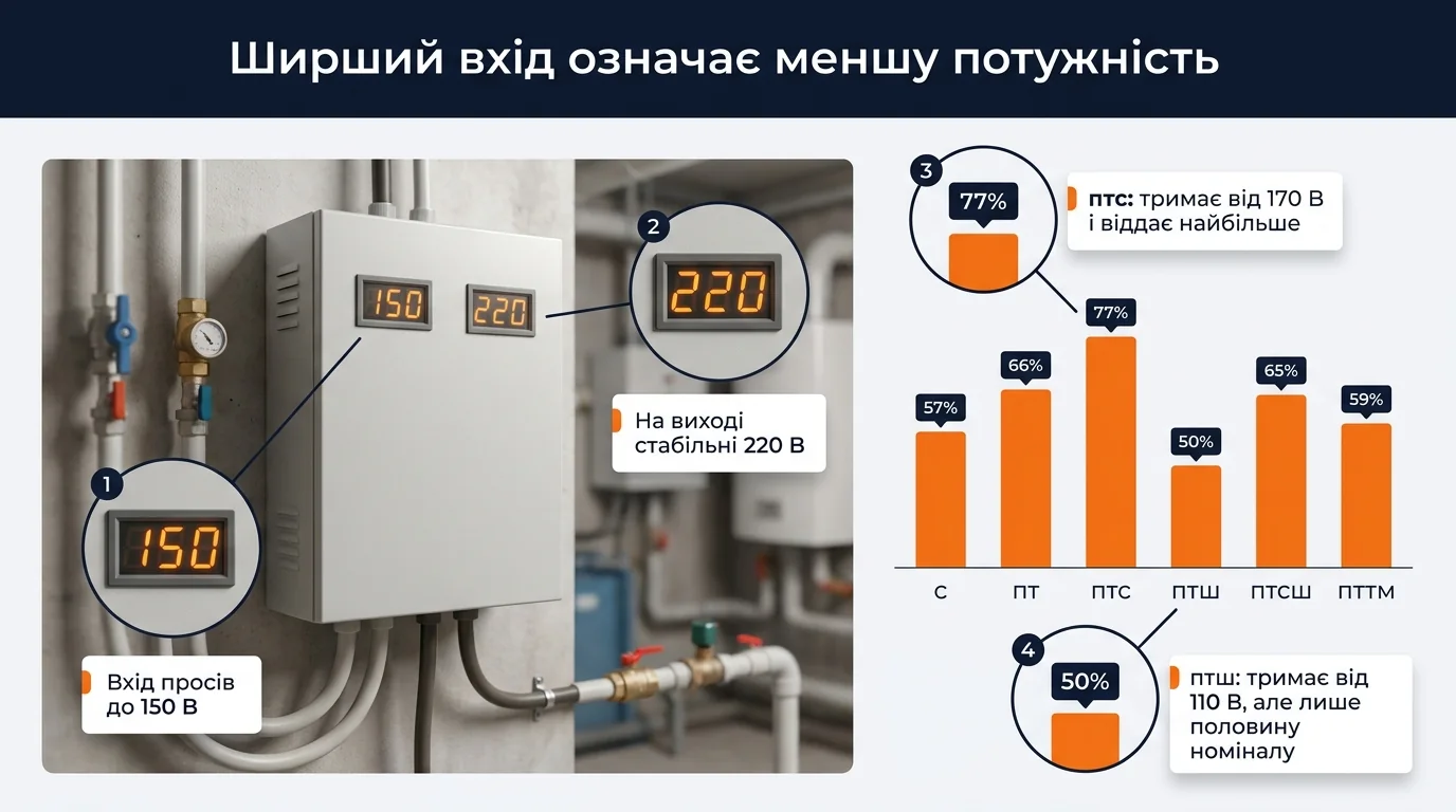Стабілізатор напруги з вхідними 150 В і вихідними 220 В та графік віддачі шести модифікацій
