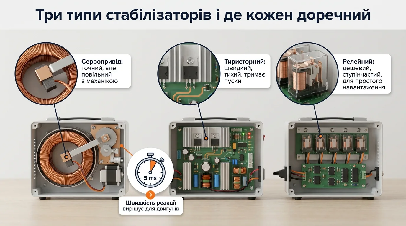 Три типи стабілізаторів напруги: сервоприводний, тиристорний і релейний