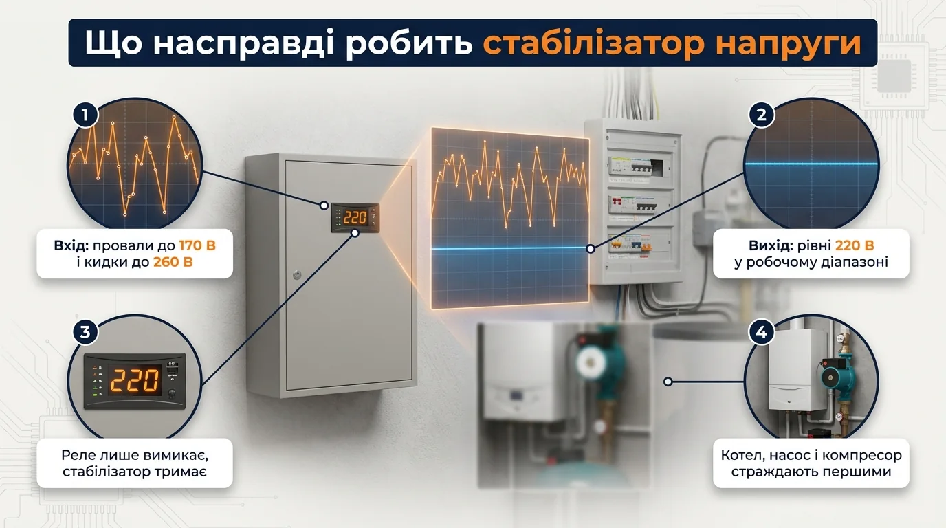 Що робить стабілізатор напруги: нестабільний вхід і рівний вихід на графіку
